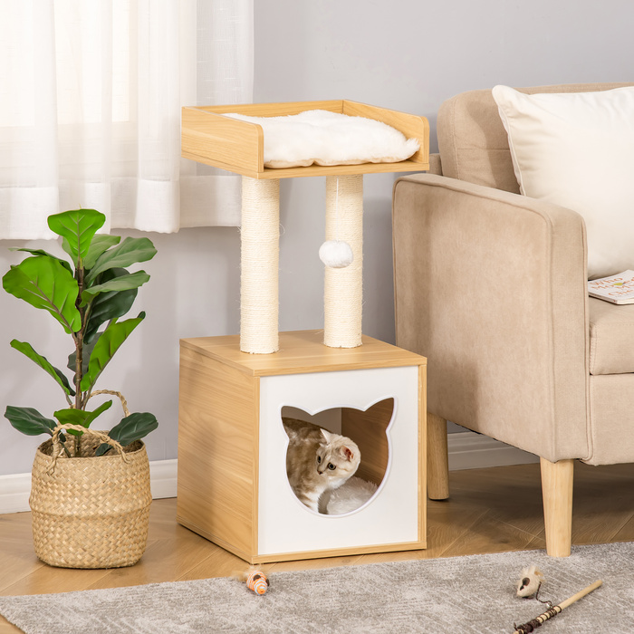 PawHut Котяча печера з котячою печерою та 2 подушками, 2 яруси включаючи котячий будинок, іграшка з м'ячем, котяча квартира, сизаль, натуральна, 35 x 35 x 81 см | Аосом
