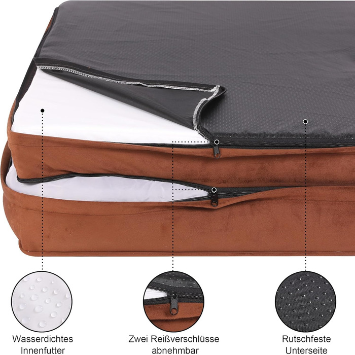 Ортопедичне ліжко для собак великих порід, ергономічне диван-лежанка з піною у формі подушки, водовідштовхуваче ліжко з неслизьким покриттям, 89x63 см, світло-сірий, коричневий, розмір 89 x 63 x 17 см