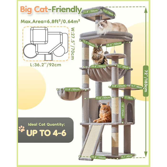 Дерево для котів Taoqimiao 183 см, велике XXL, з будиночком, гамаком, стійке, сірого кольору MS045W