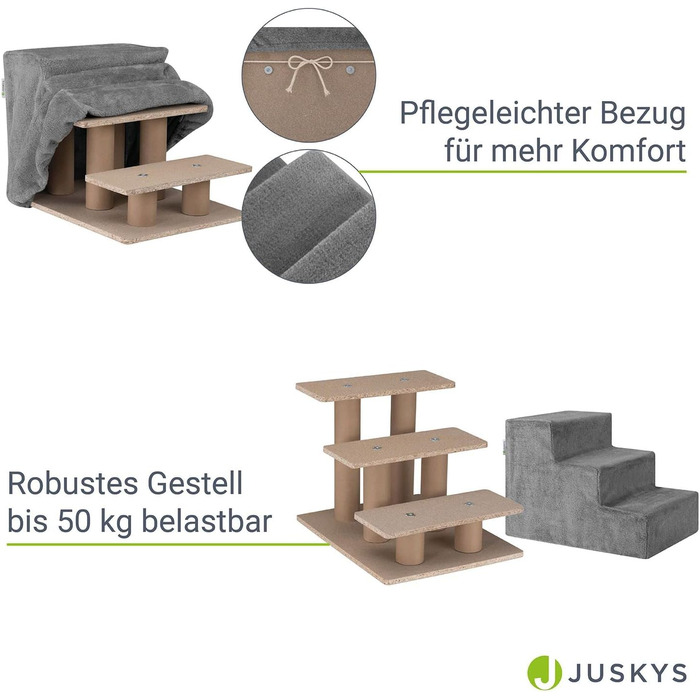Сходинка для собак та котів Juskys - 3 сходинки, плюшевий знімний чохол, сірого кольору. Підходить для ліжка, дивана, софи та авто