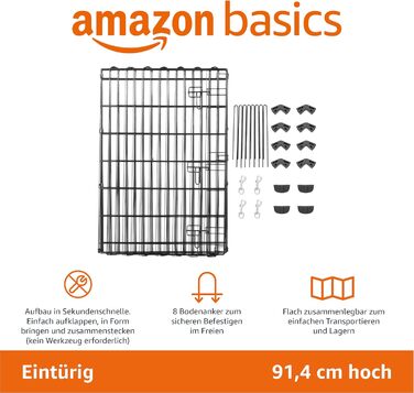Клітка-вольєр для собак та інших тварин Amazon Basics, металева, складна, з дверцятами, 91 см, чорна