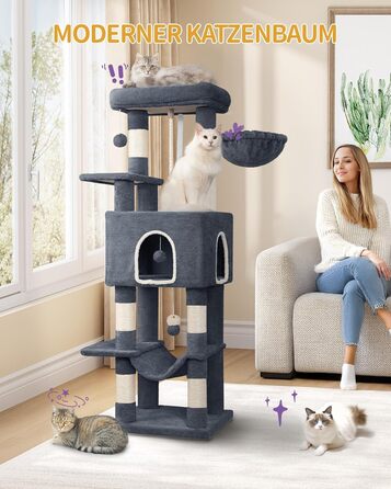 Дерево для котів Hzuaneri Kratzbaum 149 см з 5 стовпчиками для шліфування, платформами, печереєю, багатоярусне котяче ігрове дерево, помпонами, MS14918LG (темно-сірий)