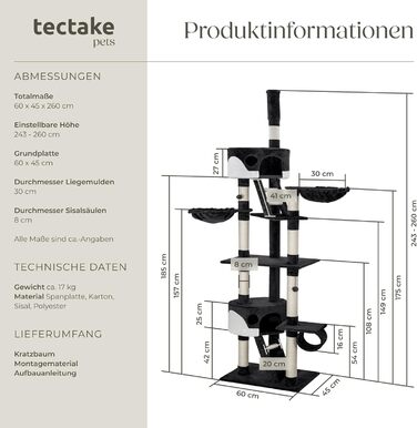 Котячий дряпак tectake XXL, регульований, з полицею, драбинкою, тунелем, домиком і сизалевими стовпами, чорний/білий, 243-260 см