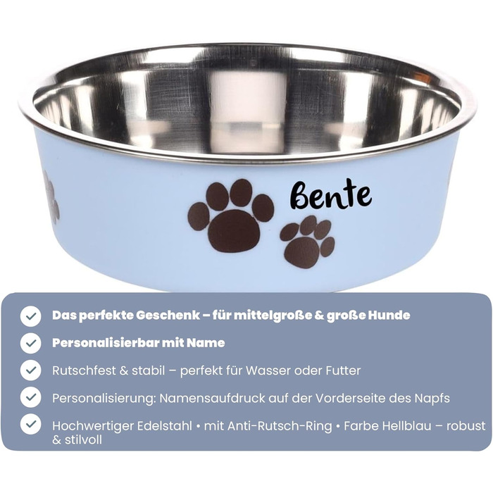 Персоналізований миска для собак з нержавіючої сталі 2200 мл – антиковзний кільце – для великих собак – з іменем – Petslino (Світло-блакитний, L)