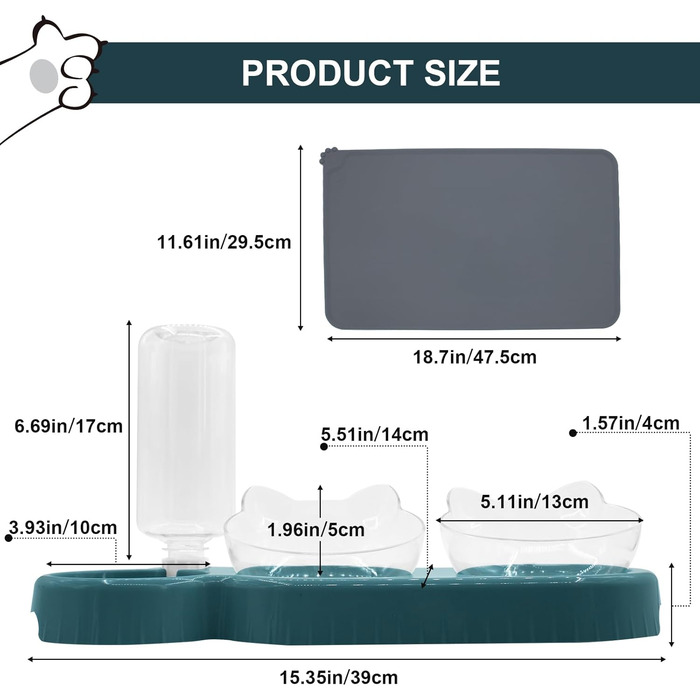 Набір мисок для котів та собак з диспенсером води, киликом та лопаткою, нахил 15°, миски для сухого та вологого корму, темно-синій