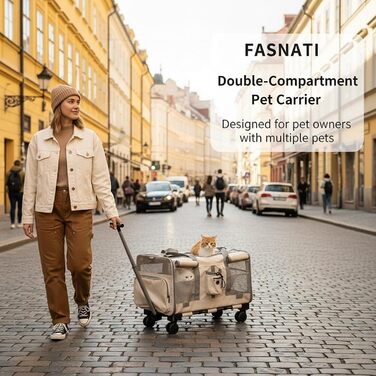 Переноска для котів велика, для 2 котів, складна, на колесах, знімні відділи, з іграшкою-пір'ям та ремінком, бежева