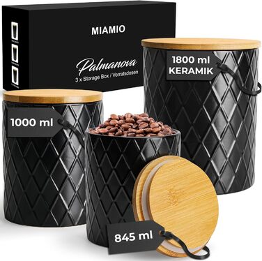 Набір з 3 вазок для зберігання Miamio Palmanova, кераміка з дерев'яним кришкою, білий та чорний кольори