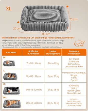 Feandrea Крізь для собак, великий ортопедичний лежак для собак, знімний лежак для собак, м'який лежак для собак, м'яка підстилка, 91 x 68 x 18 см, PGW312GD01 (XL (106 x 75 x 20 см), Taubengrau)