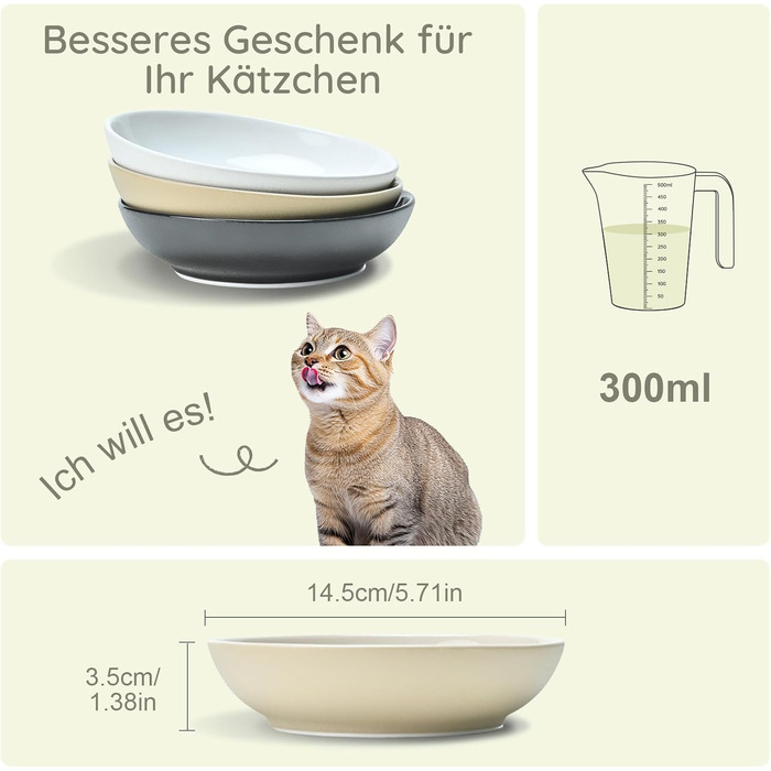 Набори мисок для котів SPUNKYJUNKY 3 шт. з кераміки. Миски для корму котів (білий, чорний, світло-коричневий, глибокі)