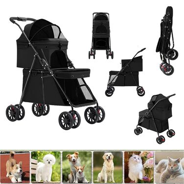 Складаний візок для собак на 2 ярусах, переноска для домашніх тварин до 24 кг, візок для собак з сітковими віконцями, ремінь безпеки, 4 колеса, складаний візок для котів та маленьких собак (чорний)
