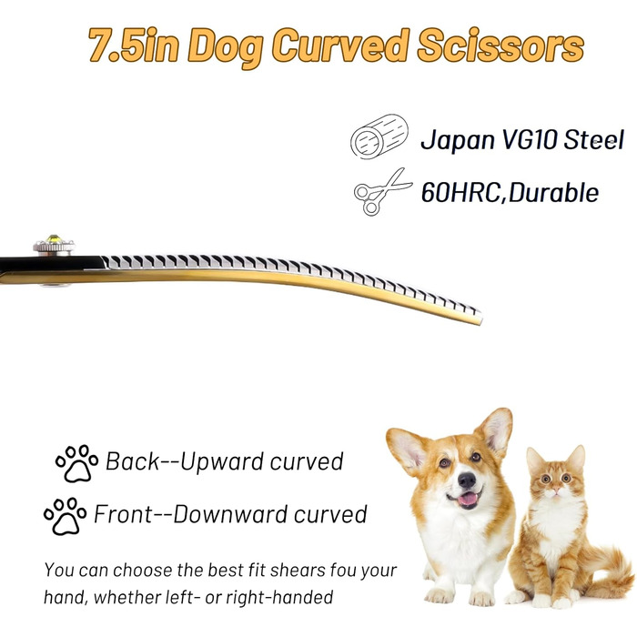 Професійна вигнута ножиці для грумінгу домашніх тварин 7.5 дюймів (25 градусів), 35 зубів, розрідження 65%, Gold High-End
