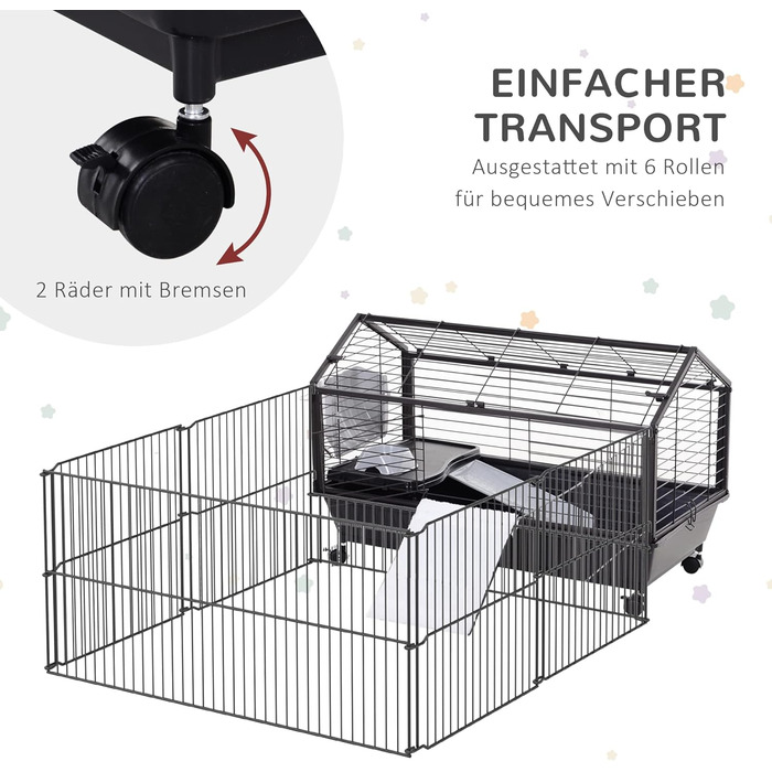 Клітка для дрібних тварин PawHut з розсувним вигулом, для хом'яків, морських свинок, щурів, чорна, 88 x 128,5 x 56 см