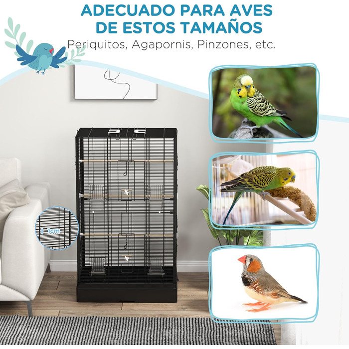 Клітка для птахів PawHut 61x36,5x98 см, чорна, з дверцятами, жердочками, висувним піддоном, годівницями та ручками для корел, хвилястих папуг, канарок, амадин