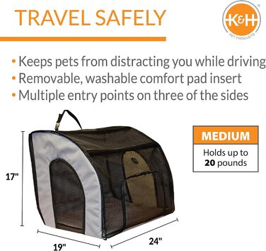 Закритий автомобільний сидіння-переноска для собак K&H Pet Products, безпечна дорожня сумка для домашніх тварин з м'якими стінками, багато входів, сітчасті вікна, знімний чохол, для подорожей