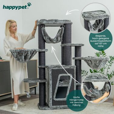 Дряпка для котів HAPPYPET Pepper 157 см, преміум XXL, для великих котів, з натуральним сизалем, будиночком та лежанками, сірий