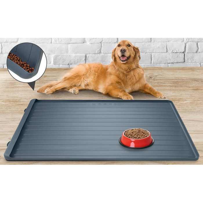 Килимок для годування собак та котів, 100x68 см, з бортиками, сірий