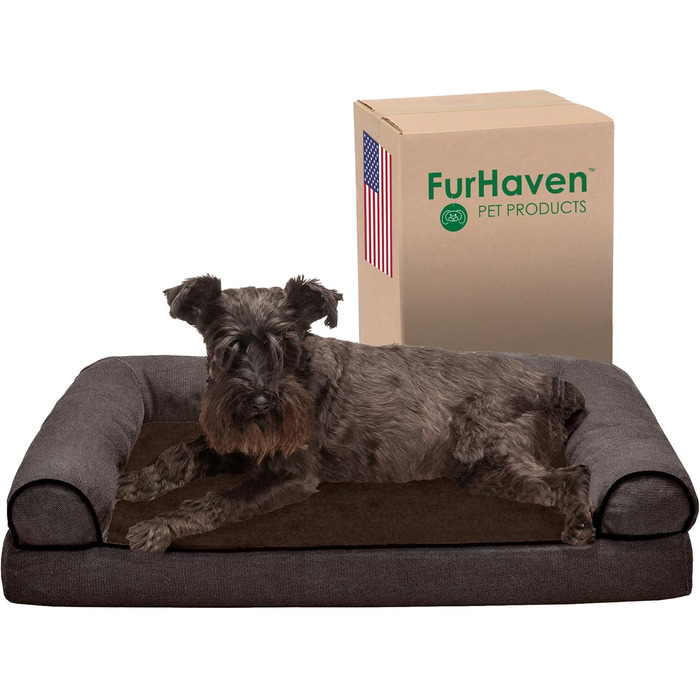 Собаче ліжко Furhaven середнє з ортопедичною піною, шеніл і шерпа, диван, знімний і праний чохол, коричневе