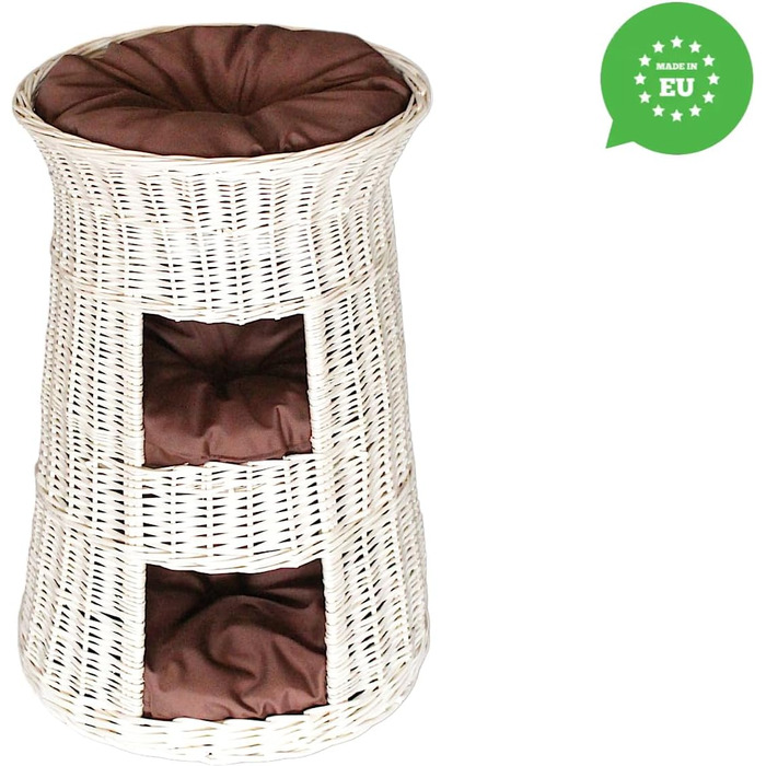 Кігтеточка-ліжко для котів: кругла хатинка з ротанга, триярусне ліжко для собак та котів, колір - білий, з коричневою подушкою