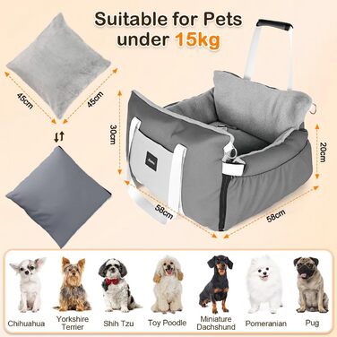 Автокрісло для собак 3-в-1 з розкладним ліжком – переносна автолюлька для маленьких собак, з м'яким матрацом, для переднього або заднього сидіння, внутрішнє та зовнішнє використання (02-Сірий)