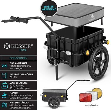 Причіп для велосипеда KESSER®: вантажний, ручний, з кутом нахилу, об'ємом 70 літрів (2 ящики пива) + аксесуари, 26-28 дюймів (сірий)