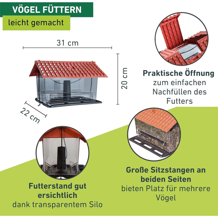 Годівниця для птахів Windhager Ranch, прозора, червона, з мотузкою, 31 x 22 x 20 см