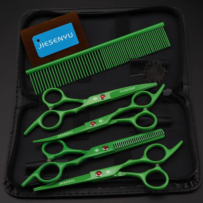 Набір для догляду за шерстю: ножиці, витончувальні ножиці, вигнуті ножиці, гребінець (зелений)