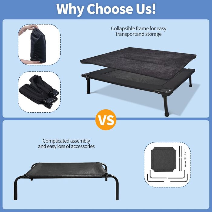 Підвищене собаче ліжко echeckige, складане, з піднятим каркасом та знімним килимком, портативне, вологостійке, для маленьких собак, для дому та вулиці, кемпінг, подорожі (L, чорний)