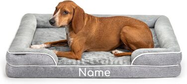 Ортопедичне ліжко для собак Lionto з піднятим бортиком, 89x63x17 см, міцне собаче ліжко з м'яким фланелевим наповнювачем, знімний та пральний чохол, нековзне, для малих та великих собак + котів, сіре (з нанесенням імені)