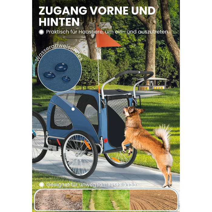 SEPNINE® Причіп для собак XL 2-в-1, велосипедний та візок для собак до 40 кг, складний з гальмами та зчіпним пристроєм, для середніх та великих собак – блакитний