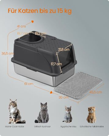 Сталевий лоток для котів Feandrea XL з кришкою, для великих котів до 15 кг, колір чорний