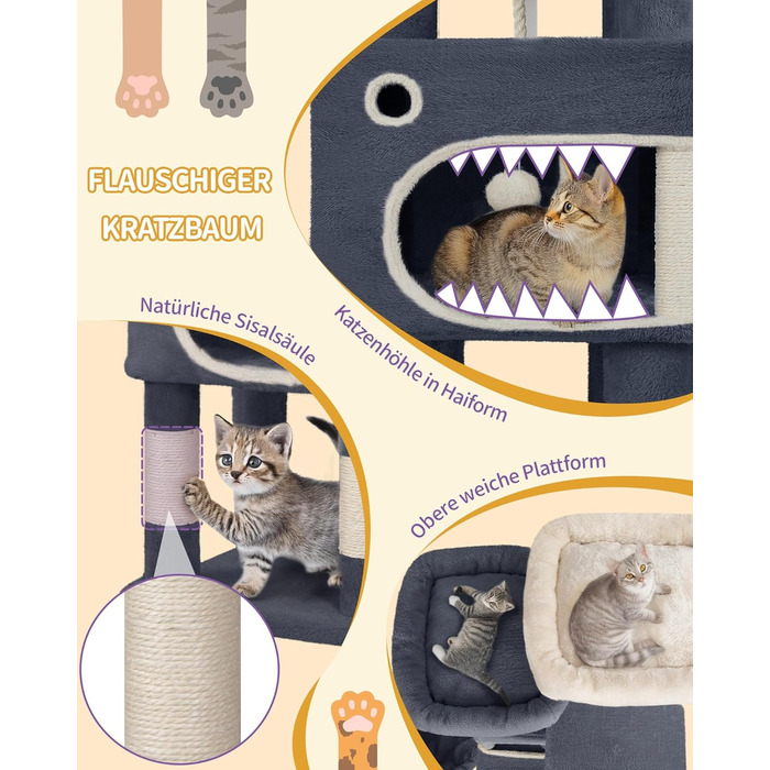 Драбина-кіготь для котів Hzuaneri, 159 см, з 8 кігтеточок, 3 платформ, 2 будиночків, кошиком, плюшевими кульками, мотузкою з сизалю, підходить для котів різних розмірів, MS15918LG (XL, темно-сірий)