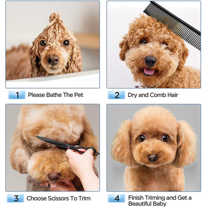 Набір професійних ножиць Gimars 4CR для грумінгу собак та котів (6-в-1) з безпечними закругленими кінцями, включає прямі, філірувальні та вигнуті ножиці та гребінець