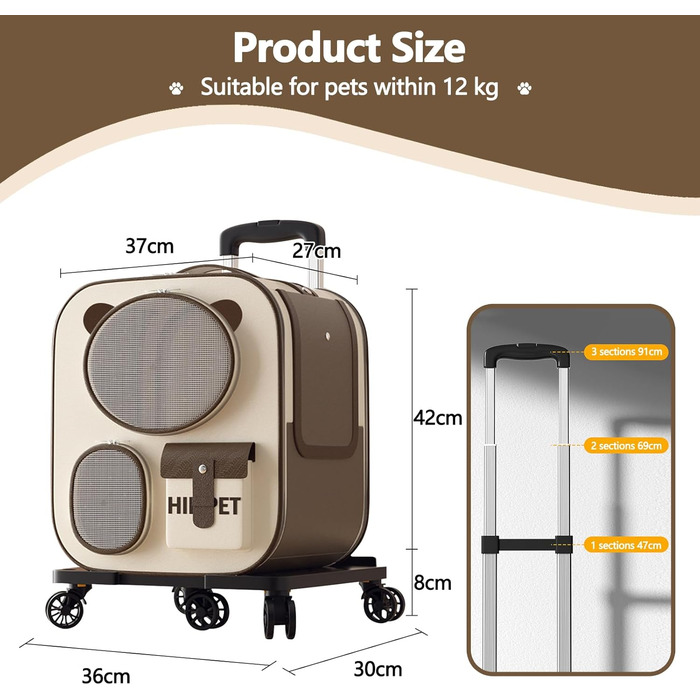 Рюкзак для тварин Galatée з колесами, зручний рюкзак для котів з знімними колесами, переноска для тварин на колесах, рюкзак для собак, ідеальний для подорожей/походів/відпочинку на природі (колір: коричневий)