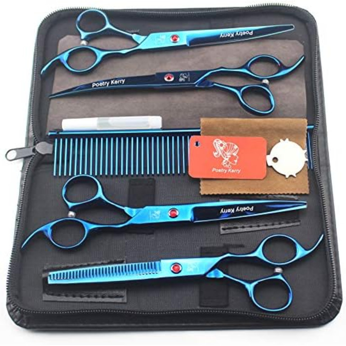 Набір для грумінгу тварин: 5 предметів. Тримерні ножиці для собак, котів та інших тварин. Набір містить: ножиці, витончувальні ножиці, вигнуті ножиці, гребінець для грумінгу, шкіряна сумка (блакитний)