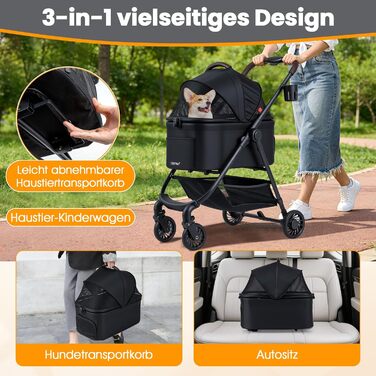 Візок для собак Costway 3 в 1, чорний: візок-будка, сумка-переноска, з регульованим дахом та корзиною