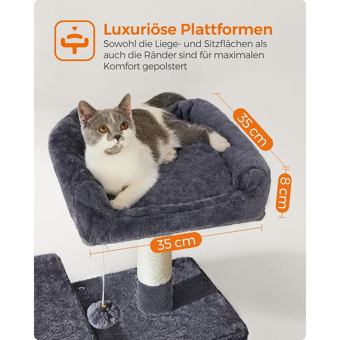 Дім-кіготник для котів Feandrea, 143 см, з 4 стовпчиками для шліфування, 2 платформами, гамаком, печерею, сірий, PCT161G01 L (55 x 45 x 143 см)