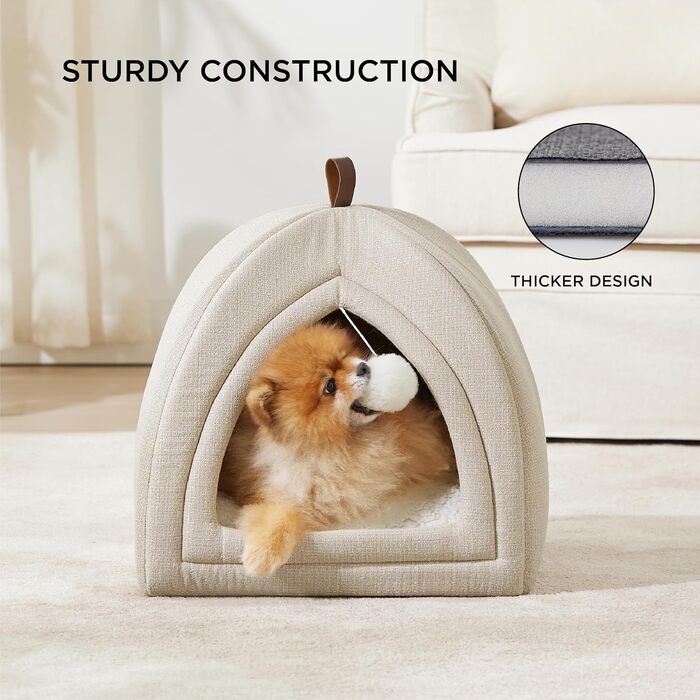 Ліжко для котів BEDSURE велике, 40x40x40 см, з подушкою Sherpa та іграшкою, зручне та миється, бежеве