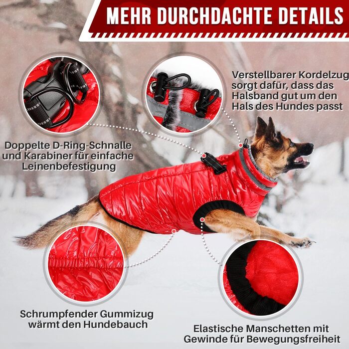 Водонепроникний собачий плащ з шлейкою, флісова комір-стійка, тепла зимова куртка для собак з подвійним блискавкою, куртка для собак з відбиваючими елементами, червоний, розмір S