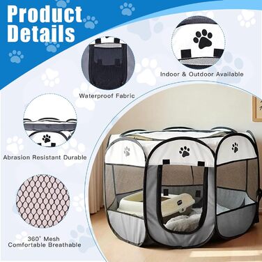 Складана переносна вольєр для цуценят та собак, 74x74x43 см, водовідштовхувальне полотно Oxford, сірий, M