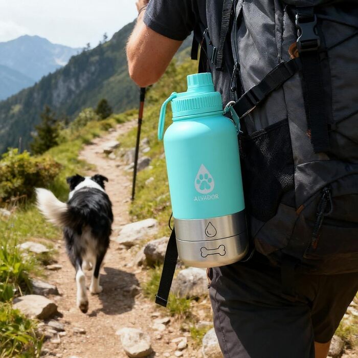 Поїлка для собак на 1000 мл з переносною сумкою, 4-в-1, нержавіюча сталь, ізольована, не протікає, BPA-free, з мисками для води та корму, аксесуари для собак, блакитний колір