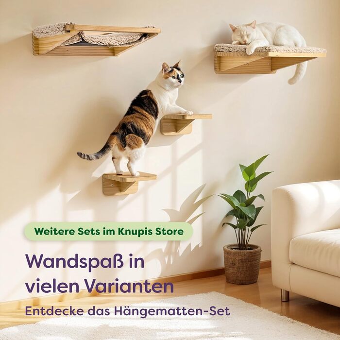 Комплект для котячого комплексу Knupis: Кліматична стіна з ліжком та 2 сходинками – Масивна деревина FSC® з сосни, стійка платформа до 30 кг – Для ігор та відпочинку - Бежевий