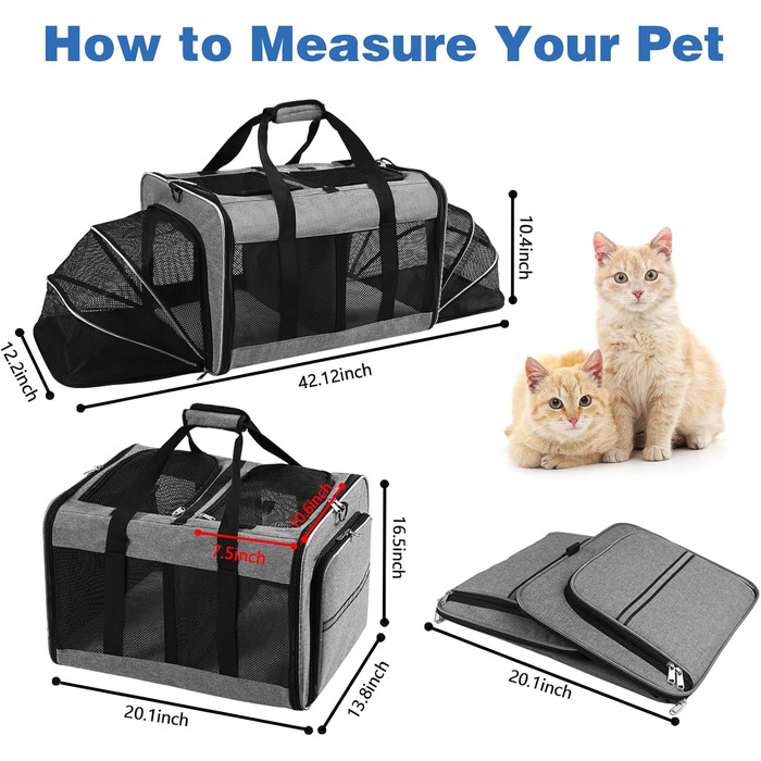 Трансформер для домашніх тварин 2-в-1: переноска для котів та собак, сіра. Розширювана переноска для 2 котів або середнього собаки. Міцна, з вентиляцією, для подорожей.