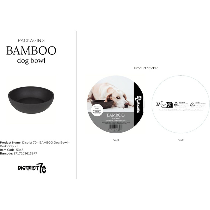 Миска для собак District 70 Bamboo - Темно-сіра, маленька (14 x 14 x 5,2 см, 570 мл)