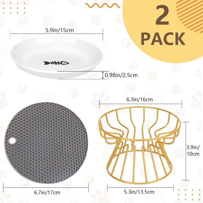 Підвищені годівниці для котів 2 шт. з кераміки з металевим підставкою, миски для котів з силіконовим килимком, станція для годування котів, миски для котів для їжі та води (Золотий)