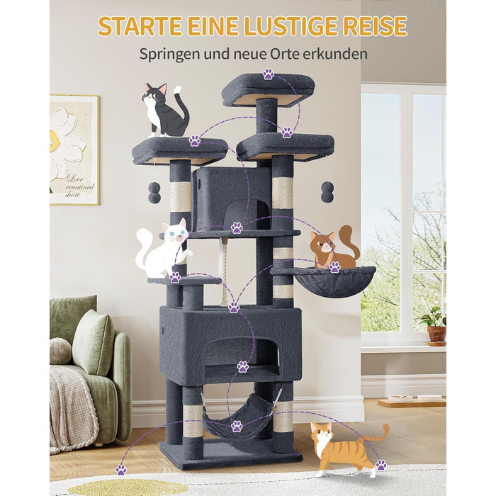 Кігтеточка для котів Hzuaneri 176 см, XL, 3 платформи, 2 печери, 7 стовпчиків, гамак, плюшеві кульки, для багатокотових сімей, темно-сірий MS17618SG