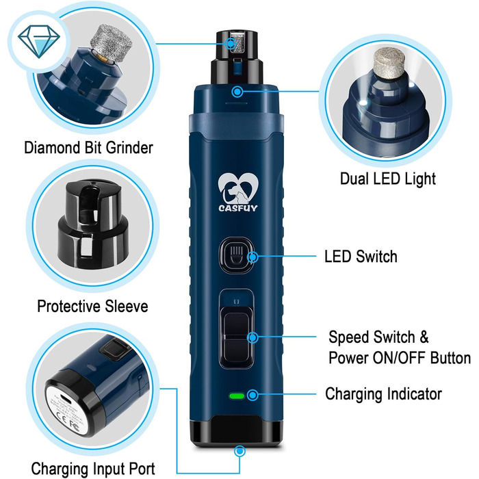 Електричний точилка для собак Casfuy з LED-підсвіткою, 4.8V, 2 швидкості, для середніх порід, тиха, акумуляторна, navy