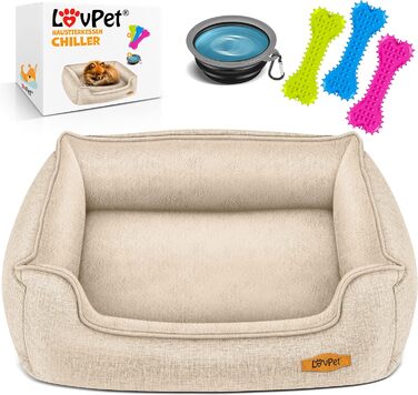 Ліжко для собак Lovpet Chiller, з мискою і 3 кісточками, бежеве, знімний чохол, розмір L 90x75x25 см, для малих, середніх і великих порід