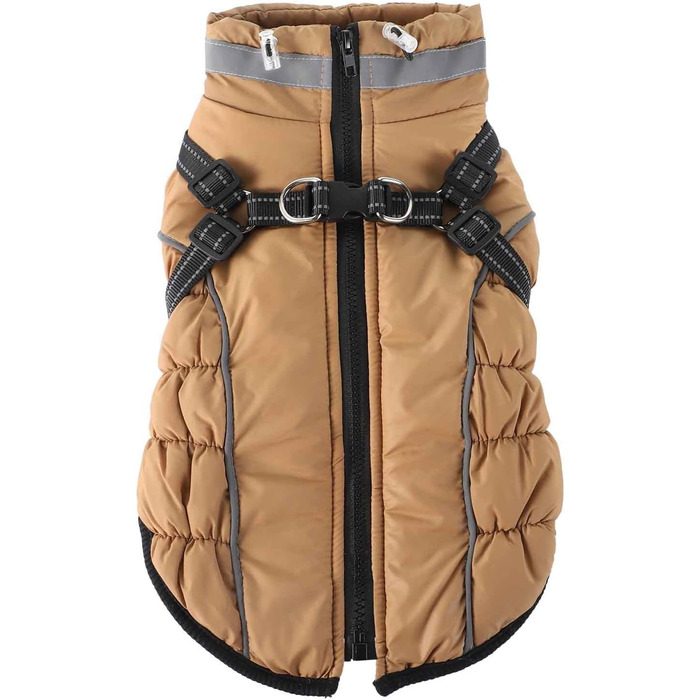 Зимовий одяг для собак, водонепроникний, з регульованою шлейкою, тепла куртка з флісу з світловідбиваючими смугами для великих та середніх собак, коричневий, розмір S
