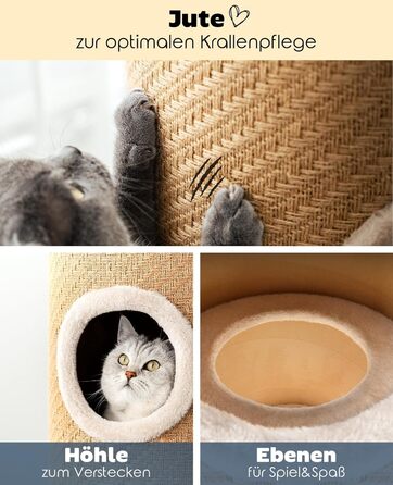 Котячий когтетоп Lionto з сизалю з іграшковим м'ячиком та плюшевим обідком, висота 50 см. Стабільний когтетоп для кошенят та дорослих котів, ідеальний догляд за кігтями та розваги, багато місць для хованнів, діаметр 36 см, висота 50 см (джут, висота 70 см