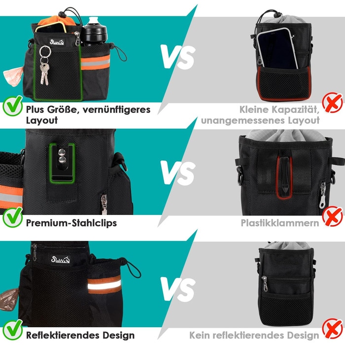 Сумка для ласощів для собак з диспенсером для пакетів та тримачем для пляшки, 3 способи носіння, регульований ремінь/ремень/кліпса, зелено-помаранчевий